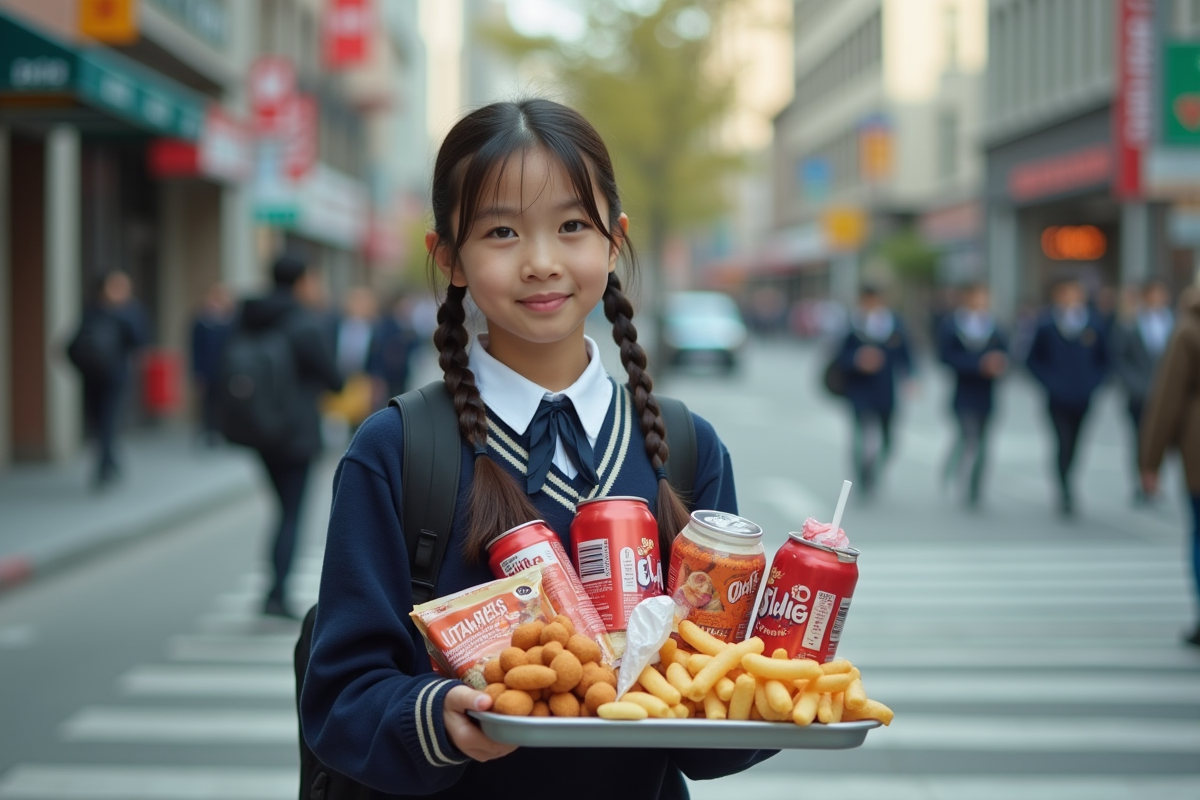 Jeune fille en uniforme avec snacks dans une rue urbaine