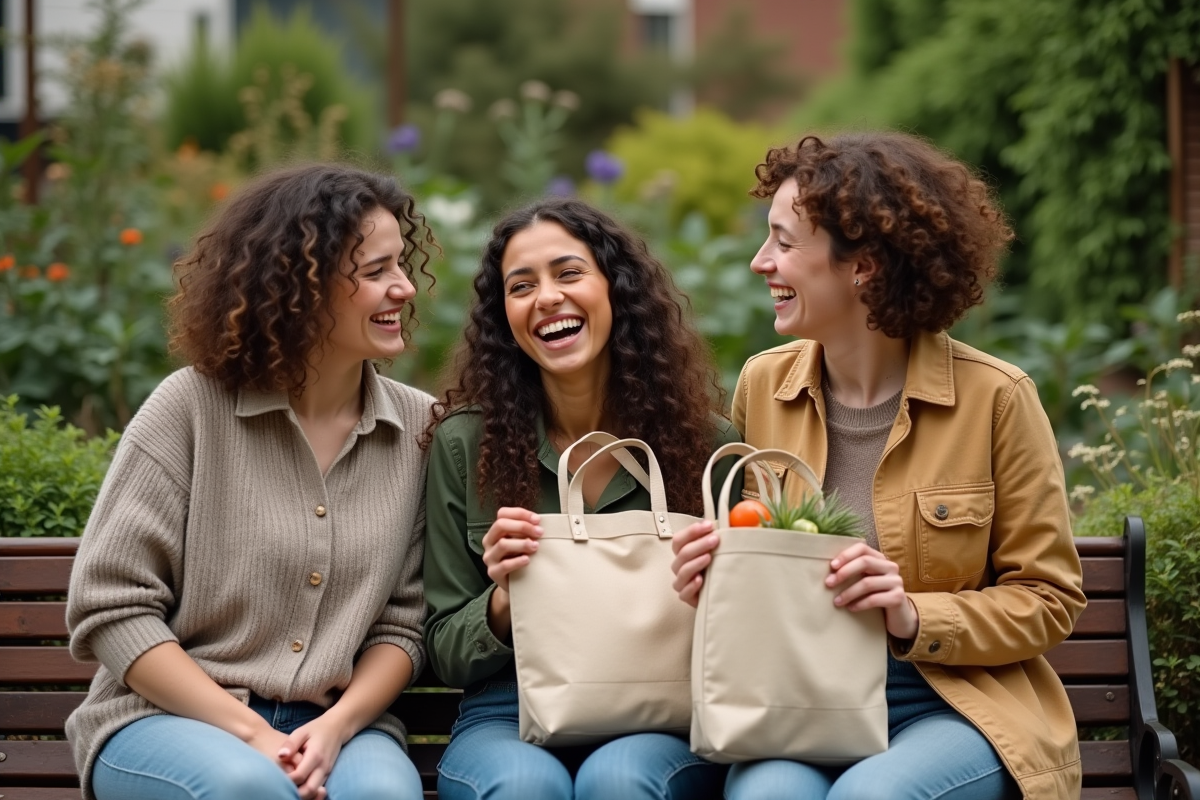 Trois amis souriants avec vêtements upcyclés dans un jardin urbain