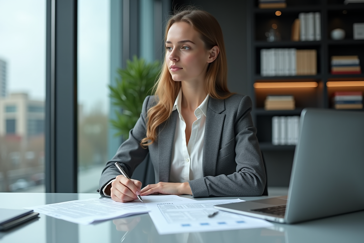 Jeune femme analyste politique examinant les régulations Euro 5 en intérieur