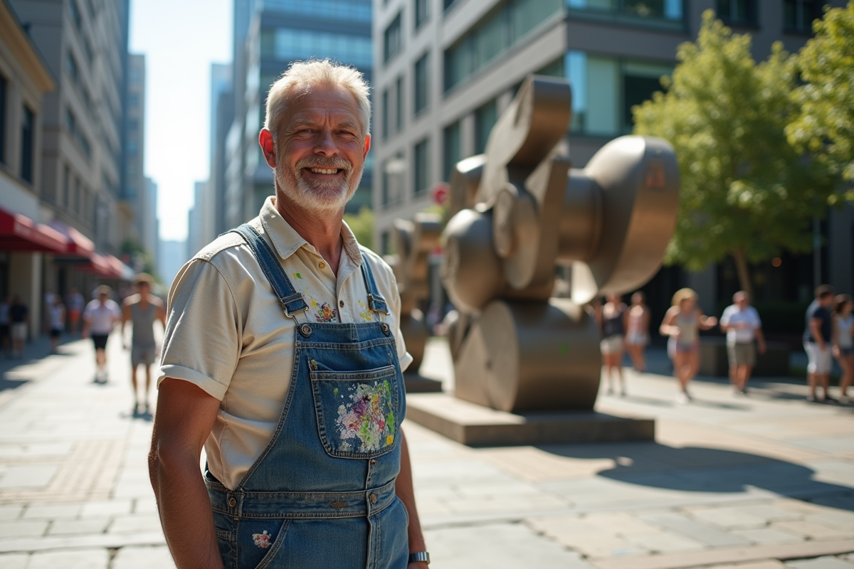 Artiste en denim devant son installation urbaine en métal recyclé