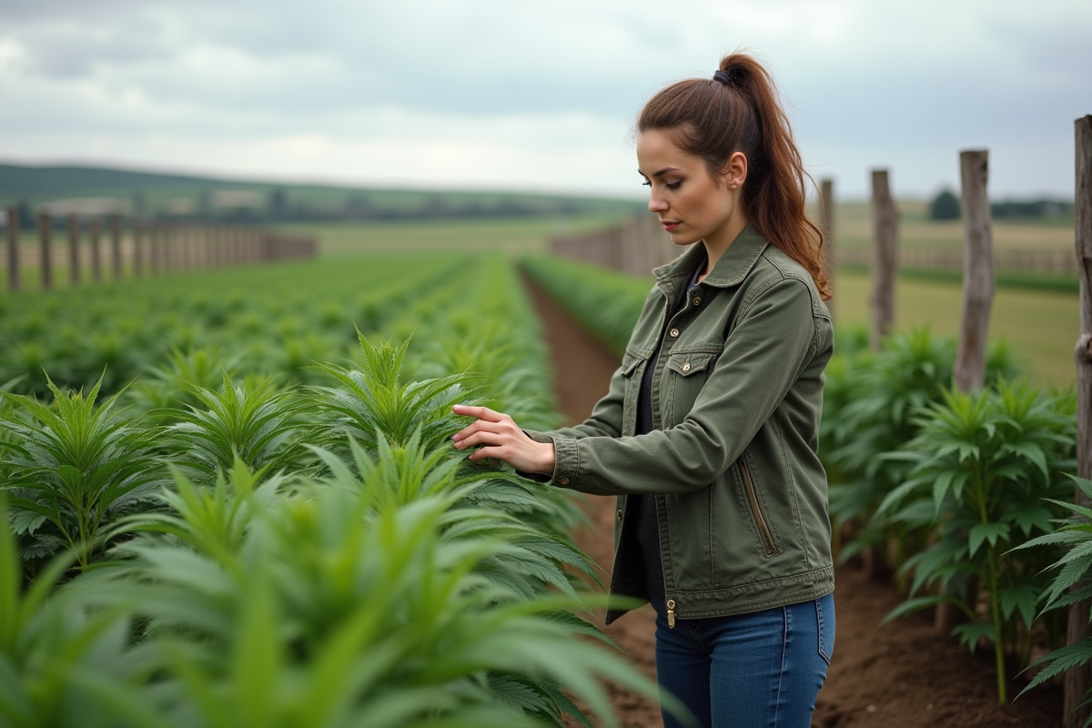 Jeune femme touchant des plants de chanvre dans un champ