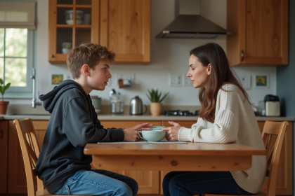 Adolescent et femme en discussion dans une cuisine chaleureuse
