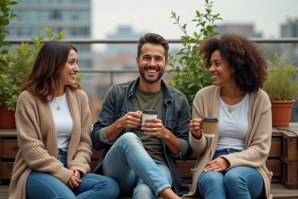 Trois personnes discutant sur une terrasse urbaine