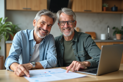 Couple souriant en cuisine avec documents financiers