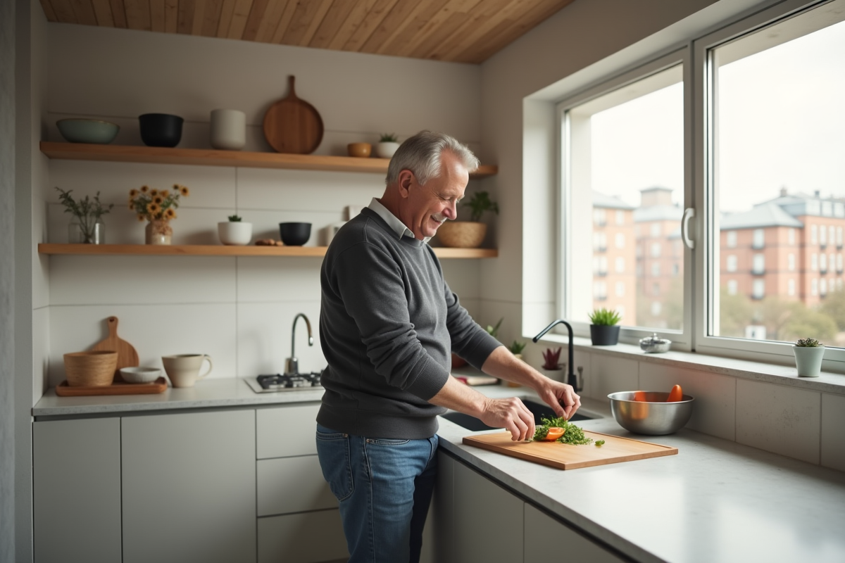 Homme préparant un repas dans une cuisine moderne