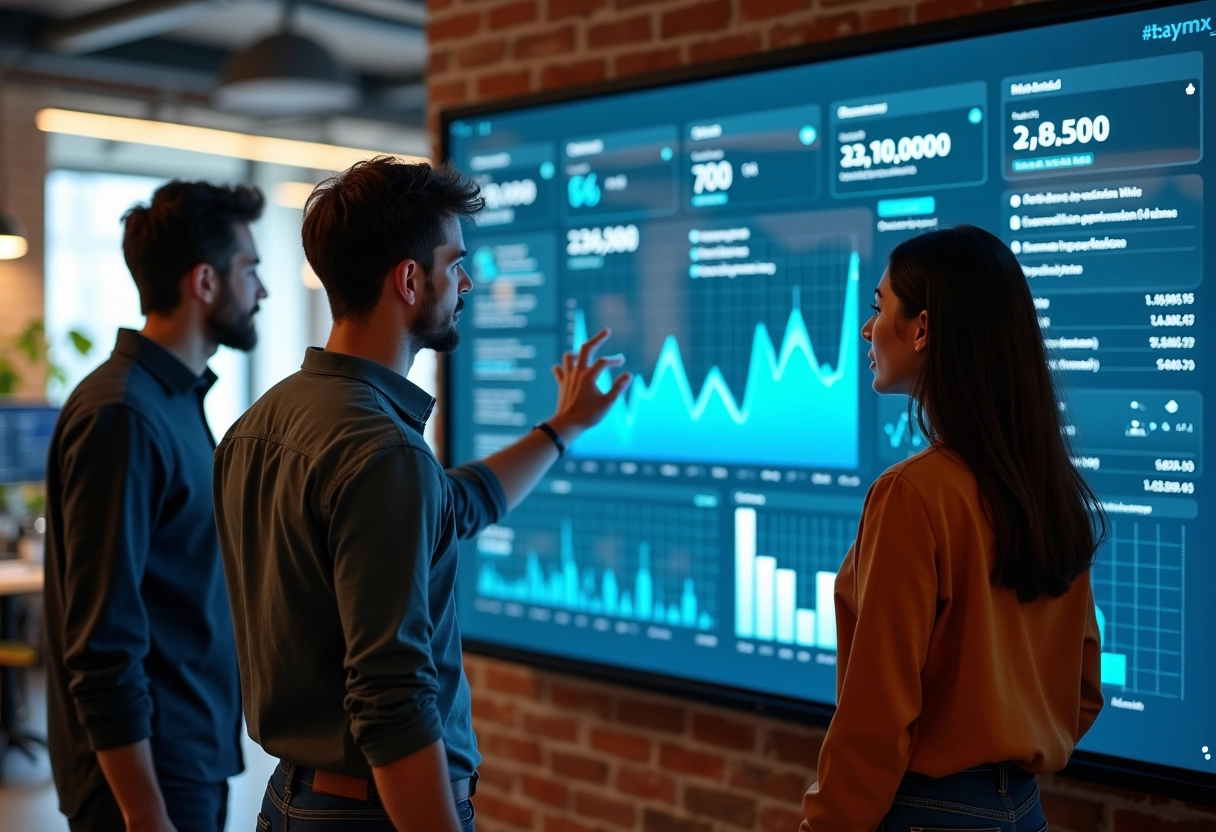 Groupe de jeunes développeurs fintech discutant devant un écran interactif