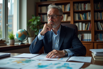 Économiste homme en costume analysant rapports financiers