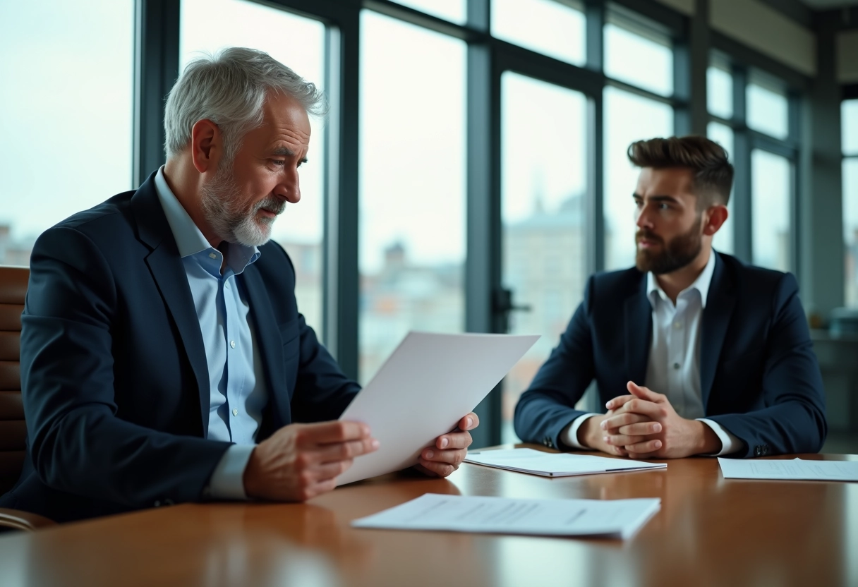 Manager RH et jeune employe en entretien dans une salle de reunion