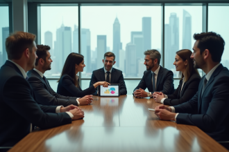 Groupe de professionnels en réunion dans une salle moderne