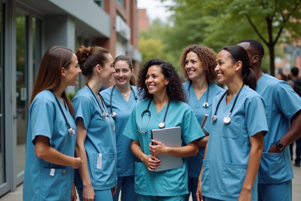 Groupe de professionnels de la sante devant une clinique moderne