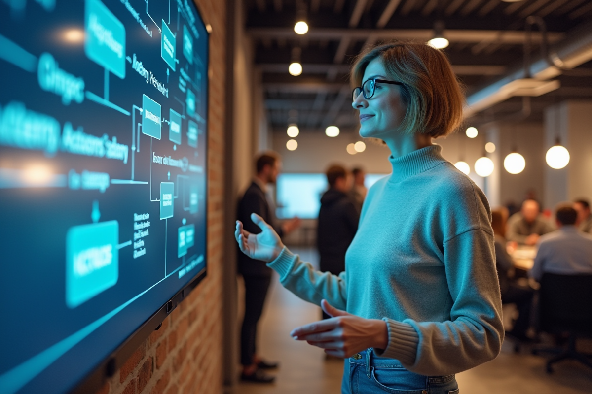 Femme avec lunettes expliquant un diagramme blockchain dans un espace coworking