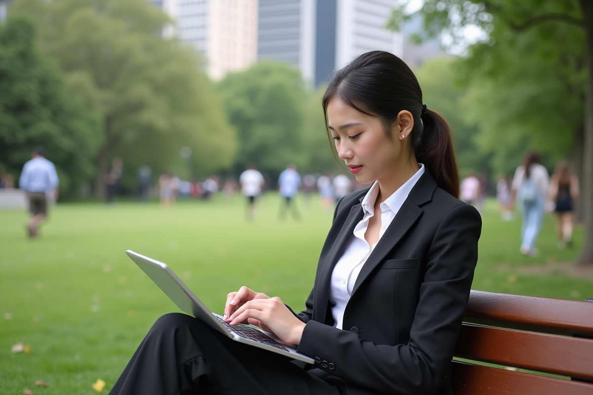 Femme assise sur un banc de parc utilisant une tablette en extérieur