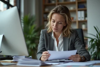 Femme en bureau pensant au travail avec documents