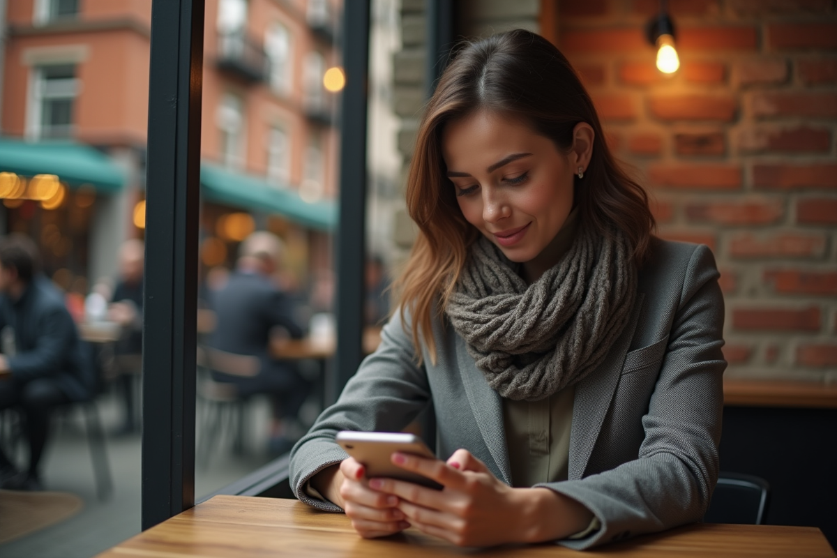 Femme en blazer dans un café avec tablette et smartphone