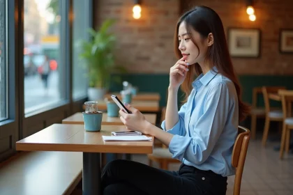 Jeune femme au caf&eacute; utilisant son smartphone pour traduire