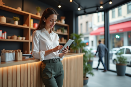 Femme confiante utilisant une tablette dans une boutique moderne