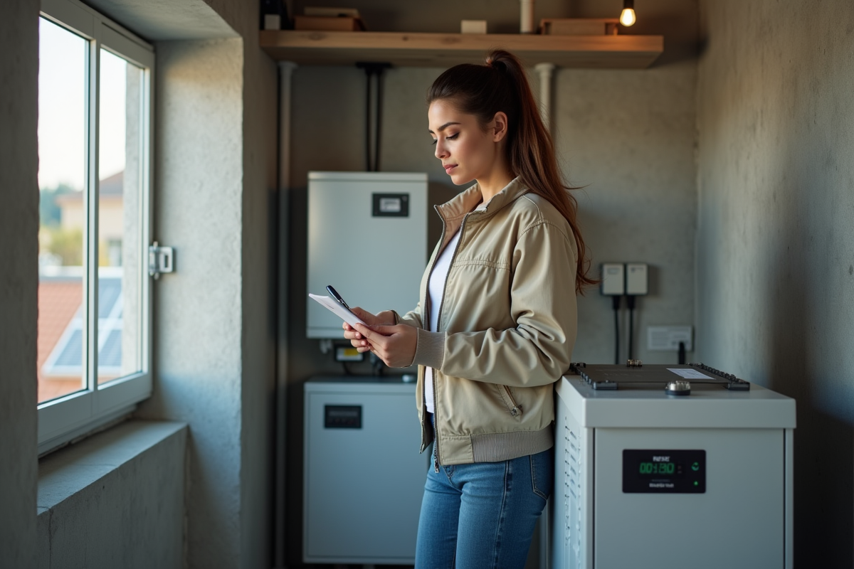 Femme vérifiant un système de stockage d énergie à l intérieur