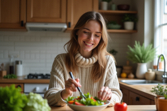 Jeune femme en cuisine préparant une salade colorée