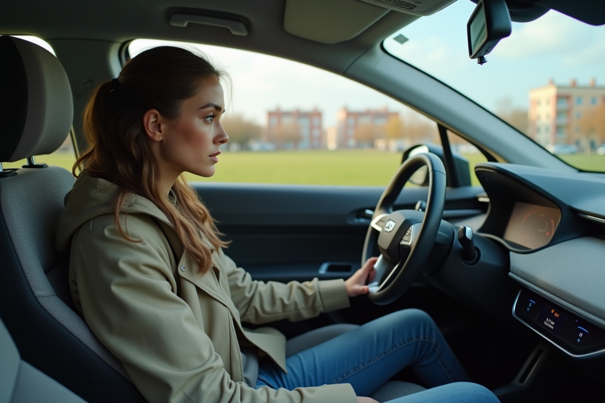 Jeune femme examinant le tableau de bord d