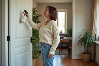 Femme pulvérisant un désinfectant sur une porte dans un salon accueillant