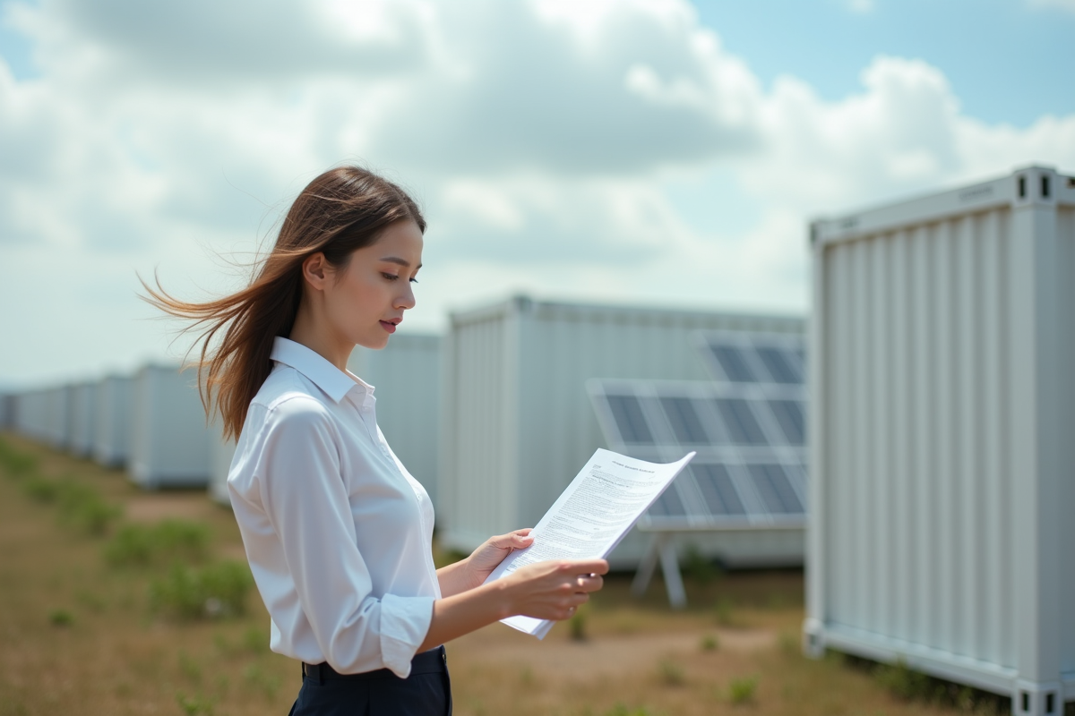 Jeune femme vérifiant documents près d une ferme solaire
