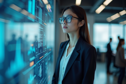 Jeune femme en business casual devant un affichage digital futuriste
