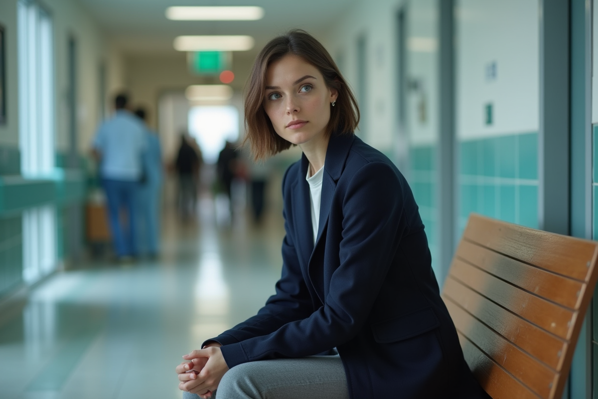 Jeune femme assise dans un couloir d
