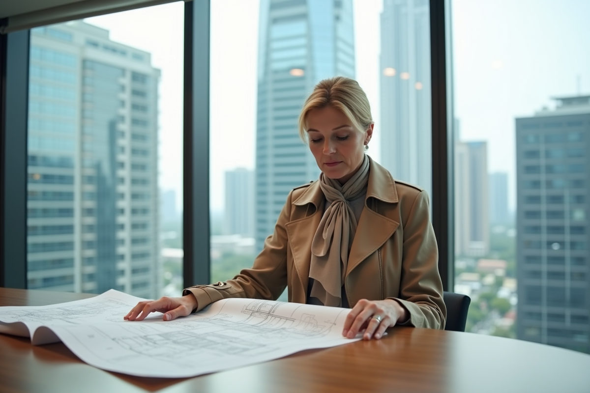 Femme d affaires examinant plans dans un bureau moderne
