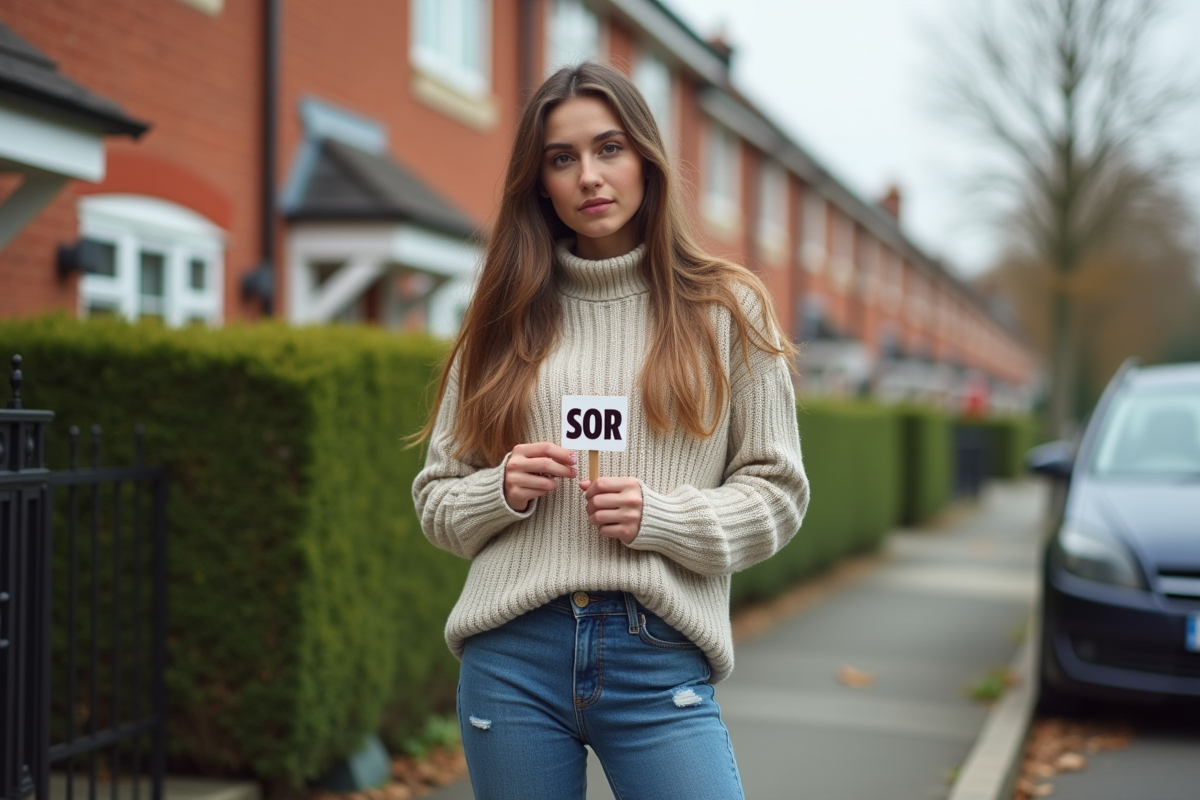 Jeune femme avec panneau vente devant sa maison en briques dans un quartier résidentiel