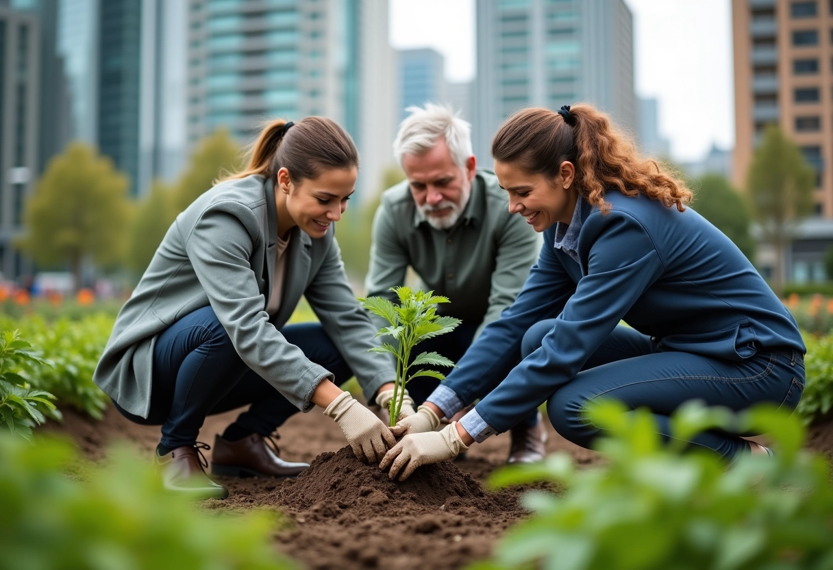 Femme plantant un jeune arbre dans un jardin urbain