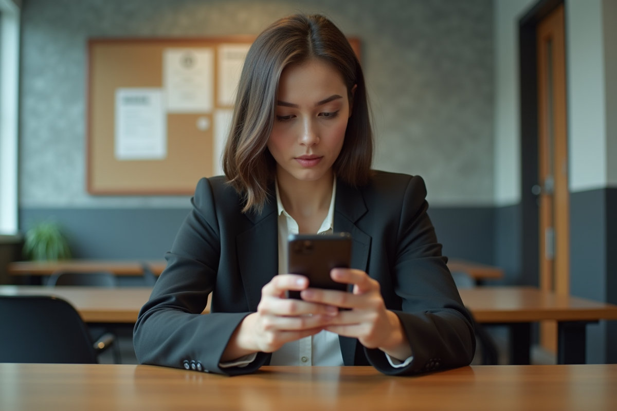 Jeune femme en pause au bureau montrant son smartphone