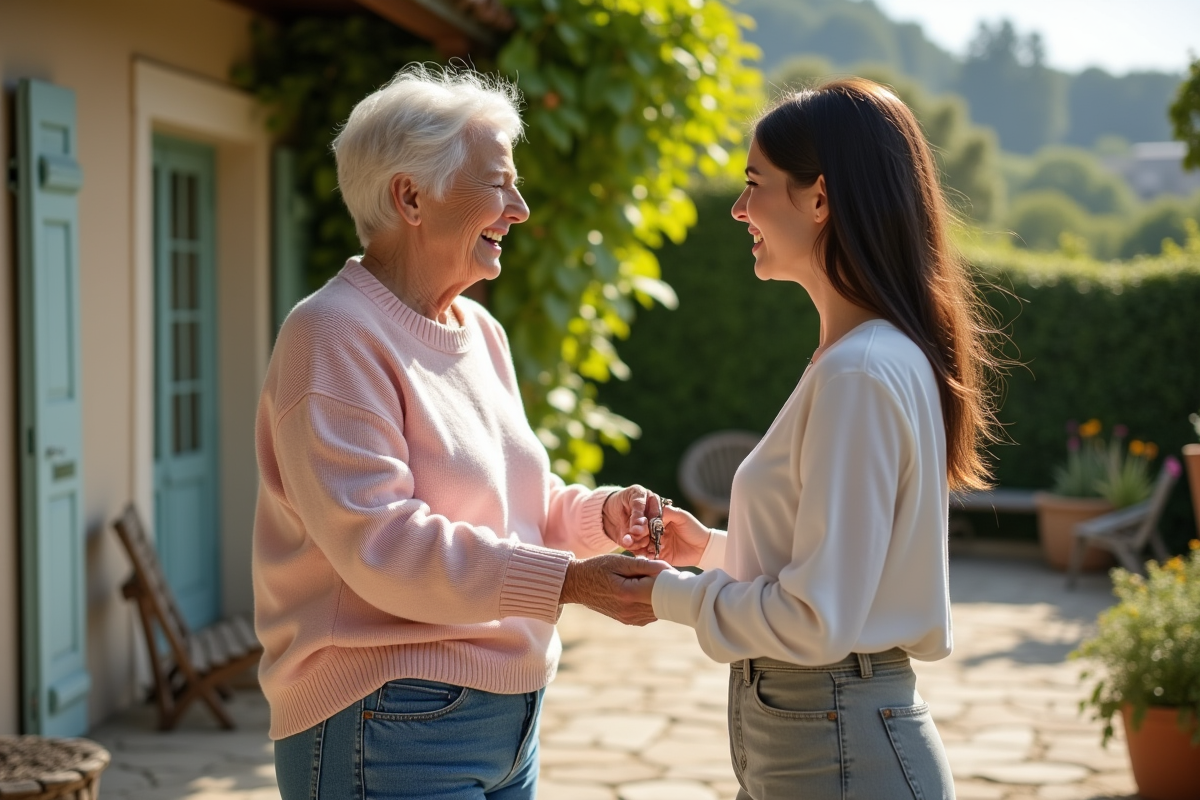 Femme souriante donnant des clés de maison à sa fille dans un jardin français