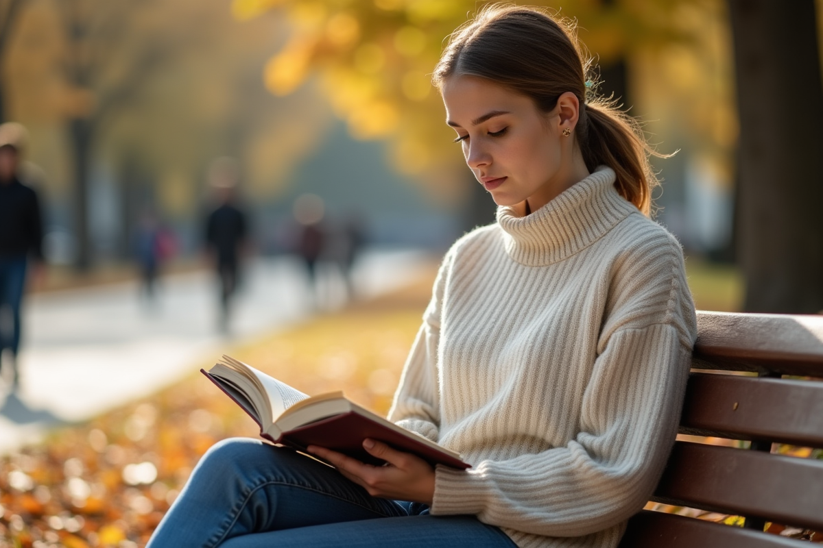 Jeune femme assise sur un banc de parc en automne contemplant un livre