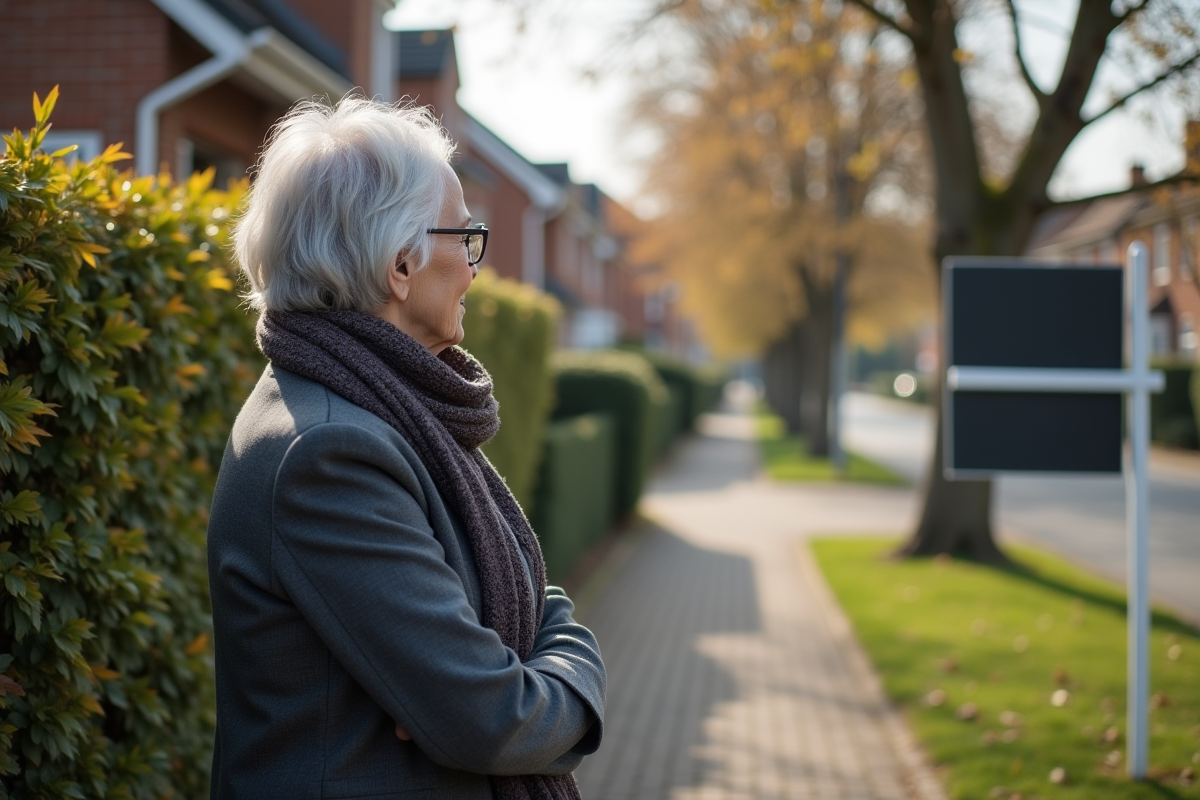 Femme retraitée examine panneau vente maison