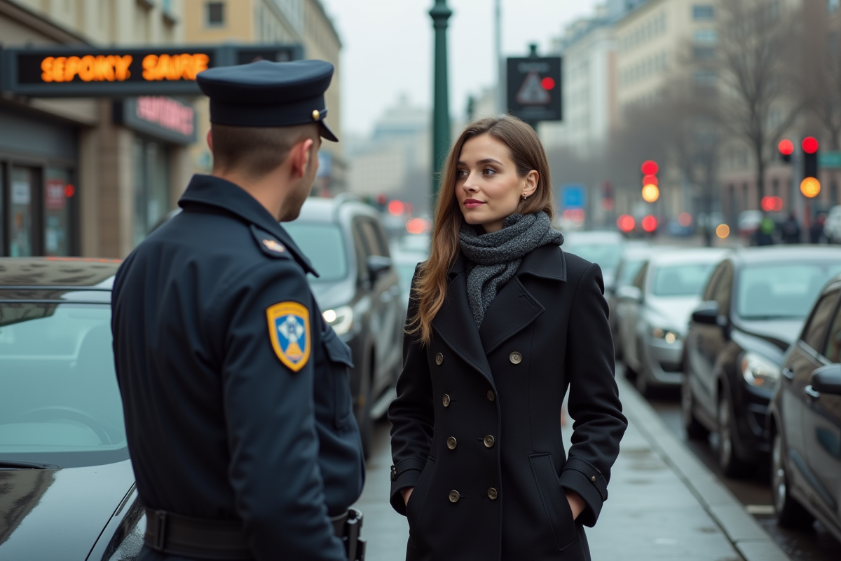 Jeune femme parlant avec un agent de sécurité en ville