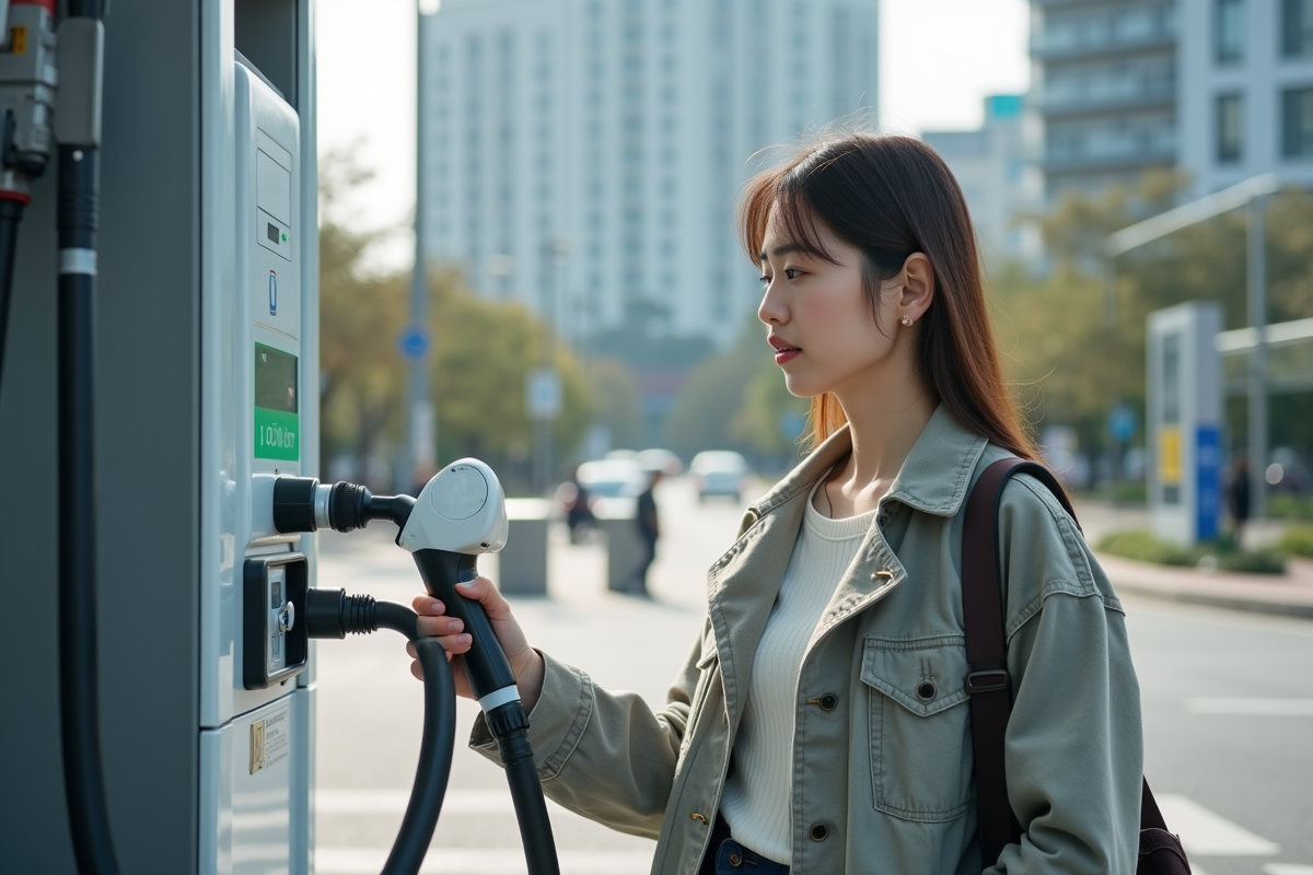 Jeune femme examine une station hydrogene en ville
