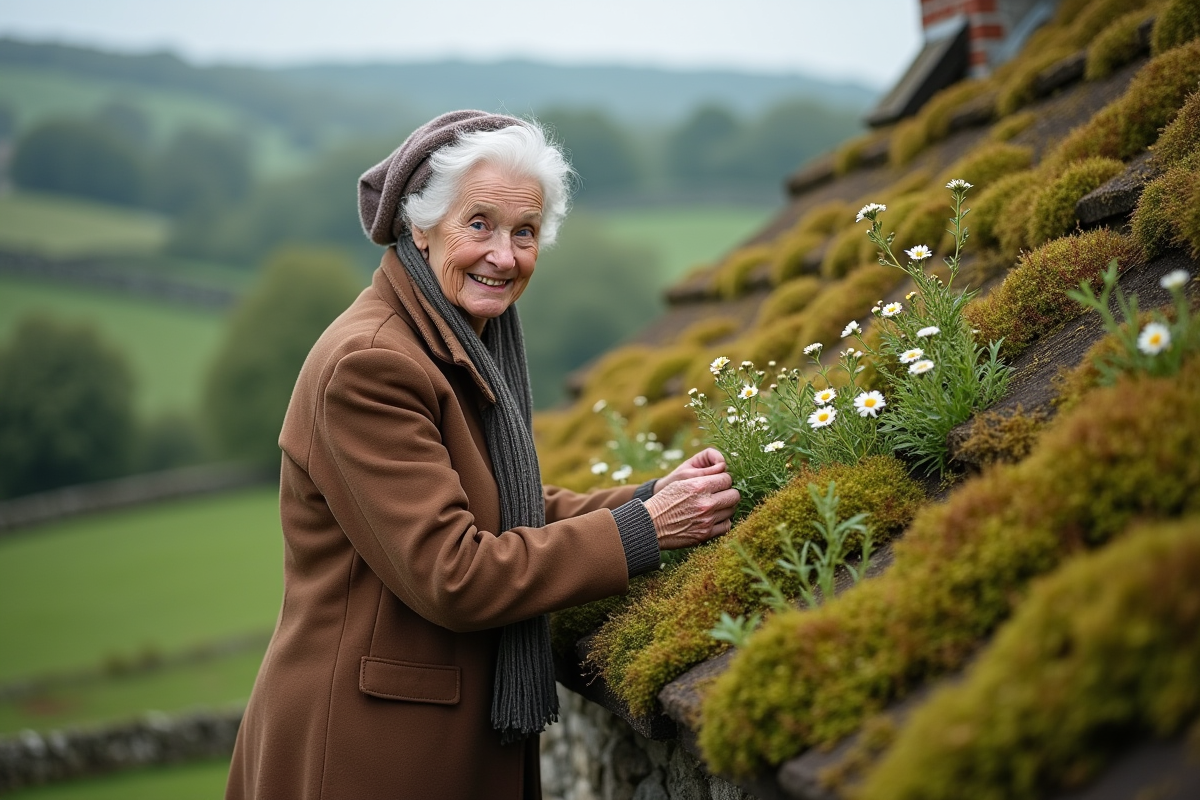 Femme âgée en toiture végétale de cottage rural