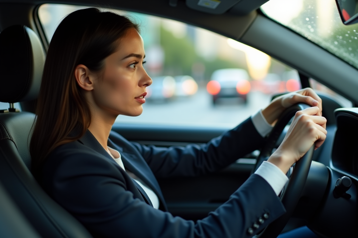 Jeune femme en voiture hybride bloquée dans le trafic urbain
