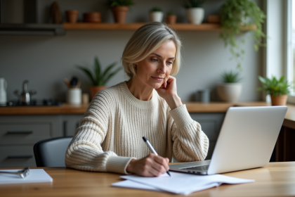 Femme d'&acirc;ge moyen travaillant &agrave; la maison avec ordinateur