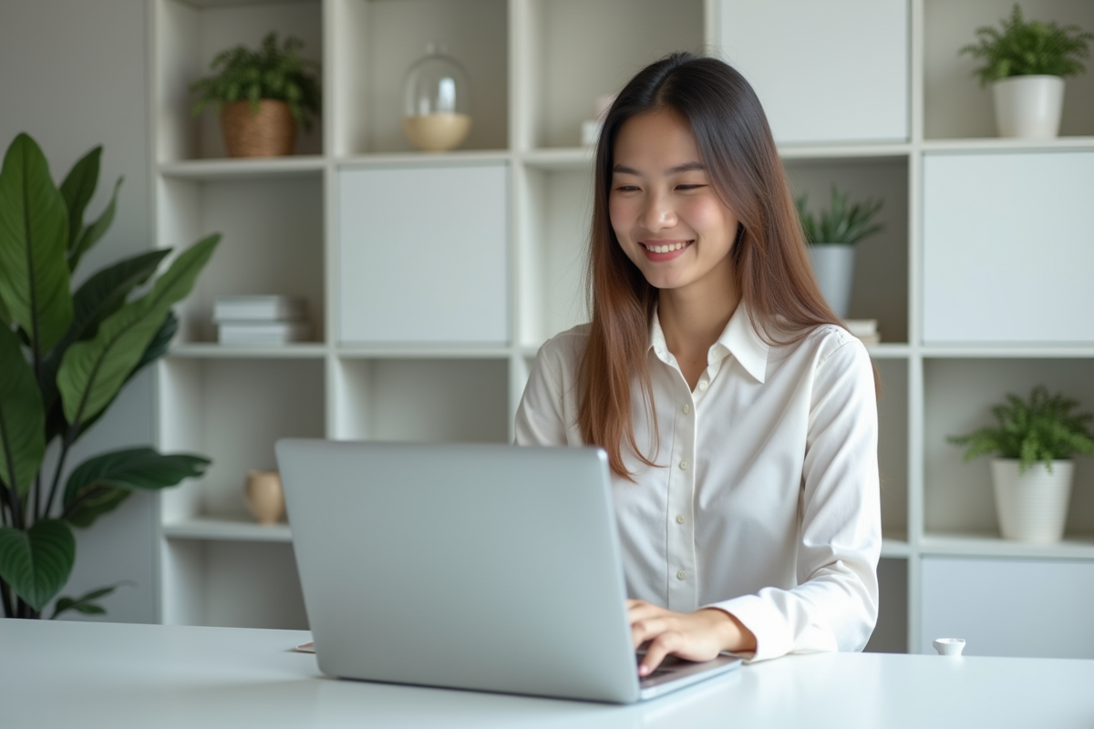 Jeune femme concentrée travaillant sur son ordinateur portable