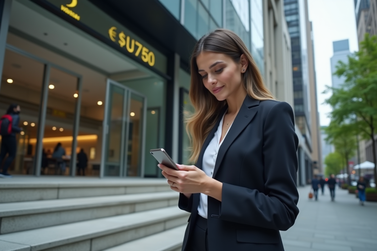 Jeune femme vérifie son smartphone devant un bâtiment financier