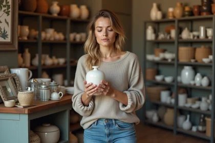 Femme inspectant un vase en c&eacute;ramique dans une boutique de seconde main