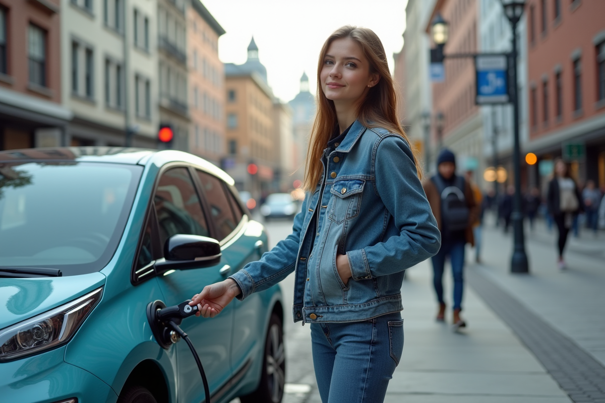 Jeune femme déverrouille une voiture électrique en ville