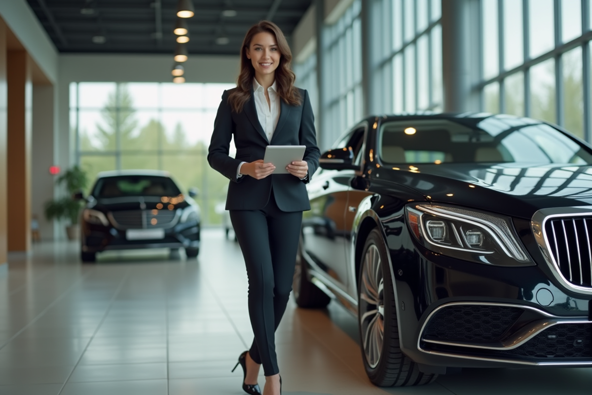Jeune femme professionnelle présentant une voiture de luxe