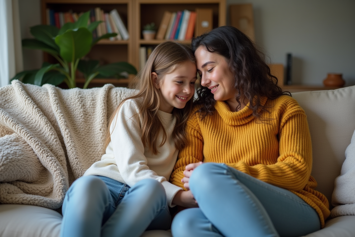 Fille adolescente et belle-mère discutant sur un canapé dans le salon