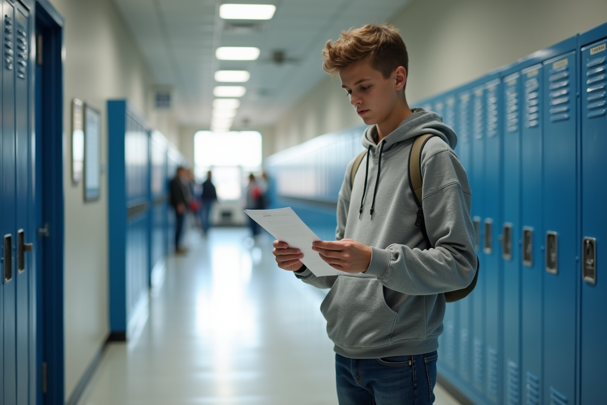 Garçon étudiant dans le couloir du lycée avec son bulletin