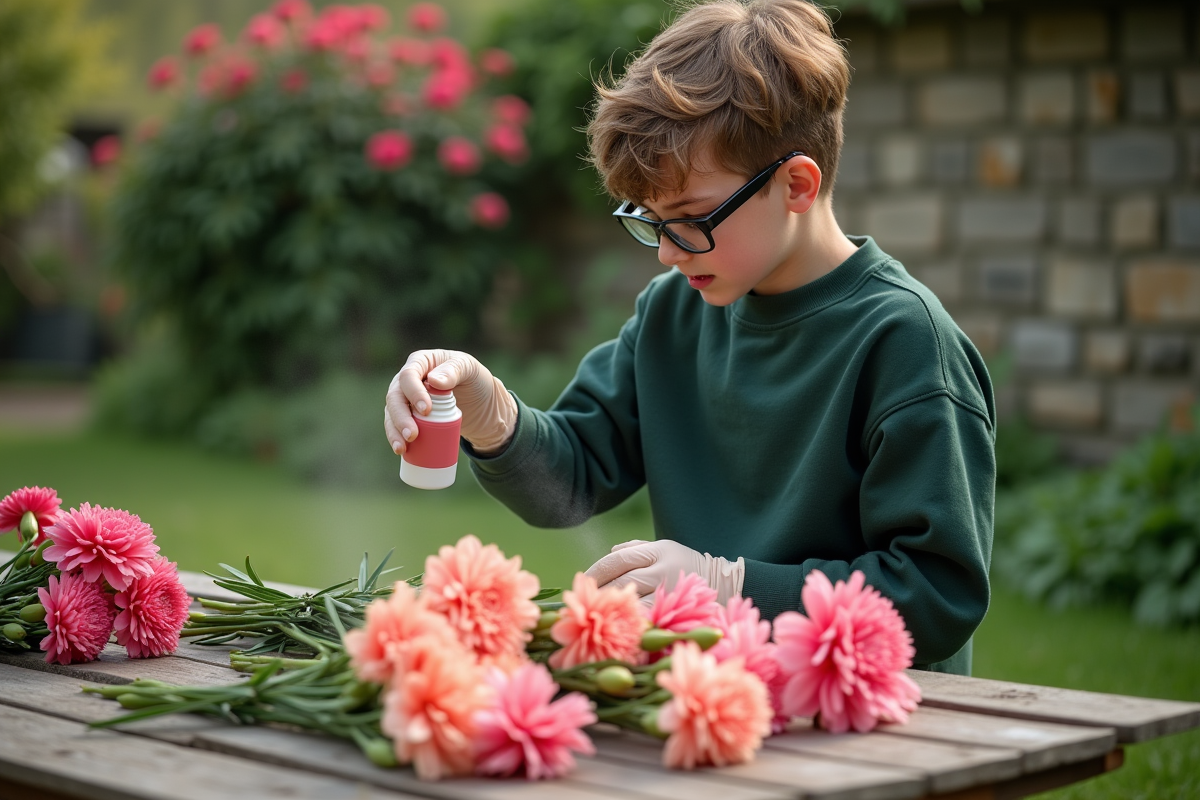 Garçon en jardin colorant des fleurs avec spray