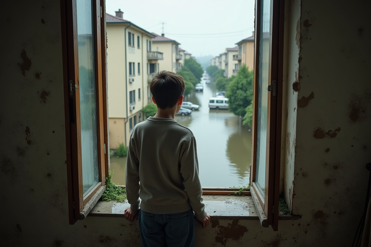 Adolescent regardant une rue inondée par la fenêtre