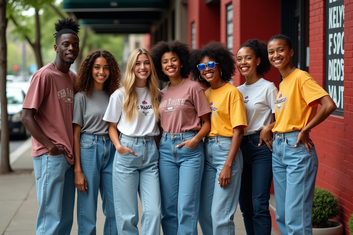 Groupe de jeunes en streetwear 1990s devant Atlanta Fashion Week