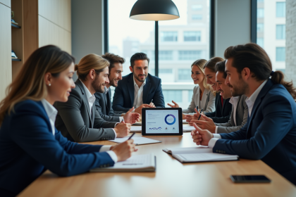 Groupe de professionnels en r&eacute;union dans un bureau moderne